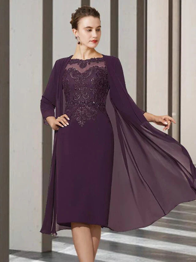 Wholesale Two Piece A-Line Mother of the Bride Dress Church Elegant Jewel Neck Knee Length Chiffon Lace 3/4 Length Sleeve Jacket Dresses with Beading Appliques